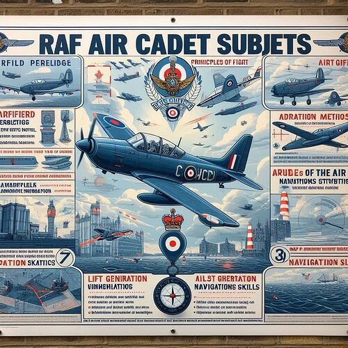 A poster explaining RAF Air Cadet subjects_ Airmanship Knowledge, Principles of Flight, and Basic Navigation. Include airfield operations, ATC communication, radar methods, navigation lights, Rules of the Air, aerodynam